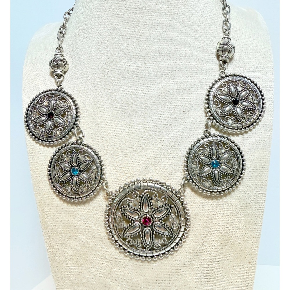 Antiqued Silver Tone Medallion Bib Necklace Multicolor Glass Stones 17–19"